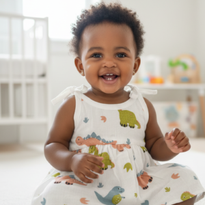 Baby girl muslin dress with tie-up option and dino print