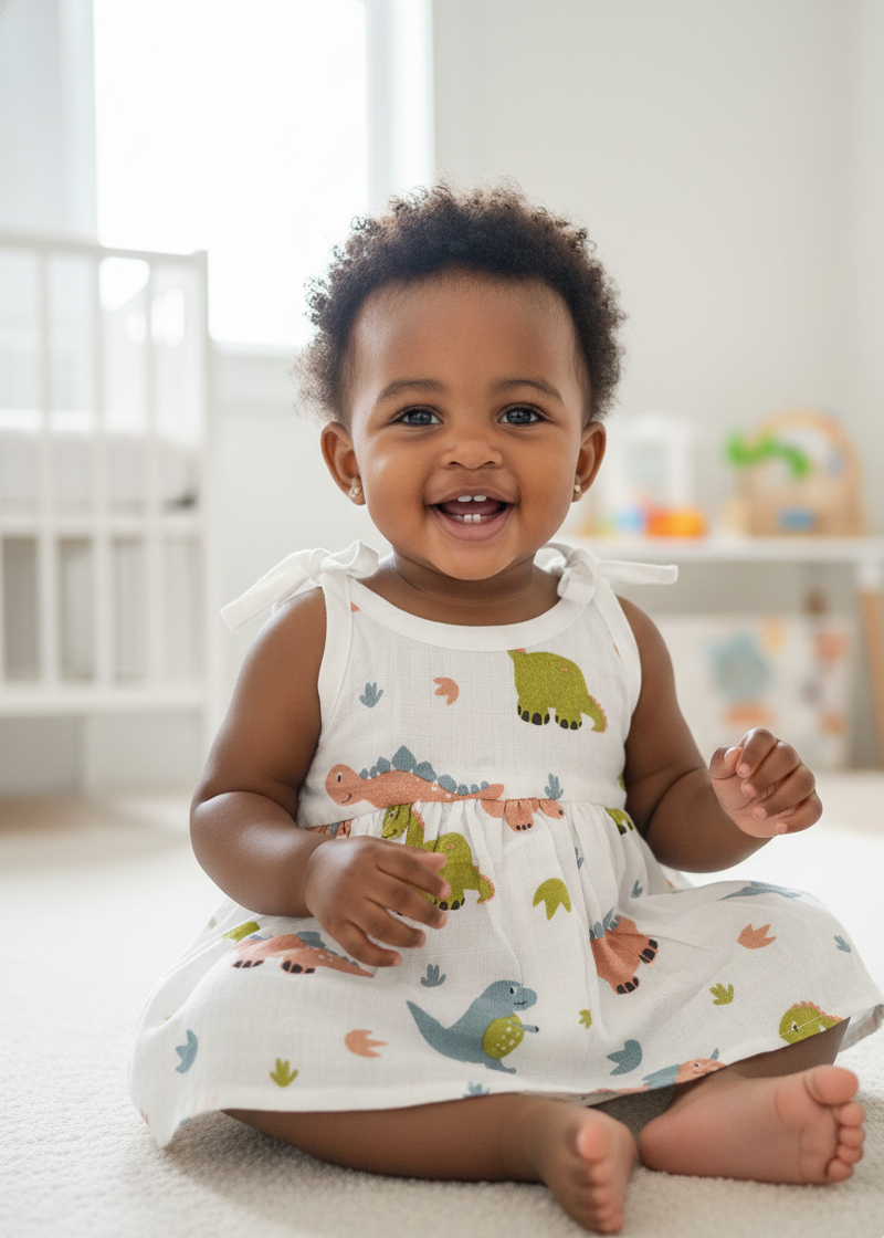 Baby Girl Muslin Tie-Up Frock with Dino Print