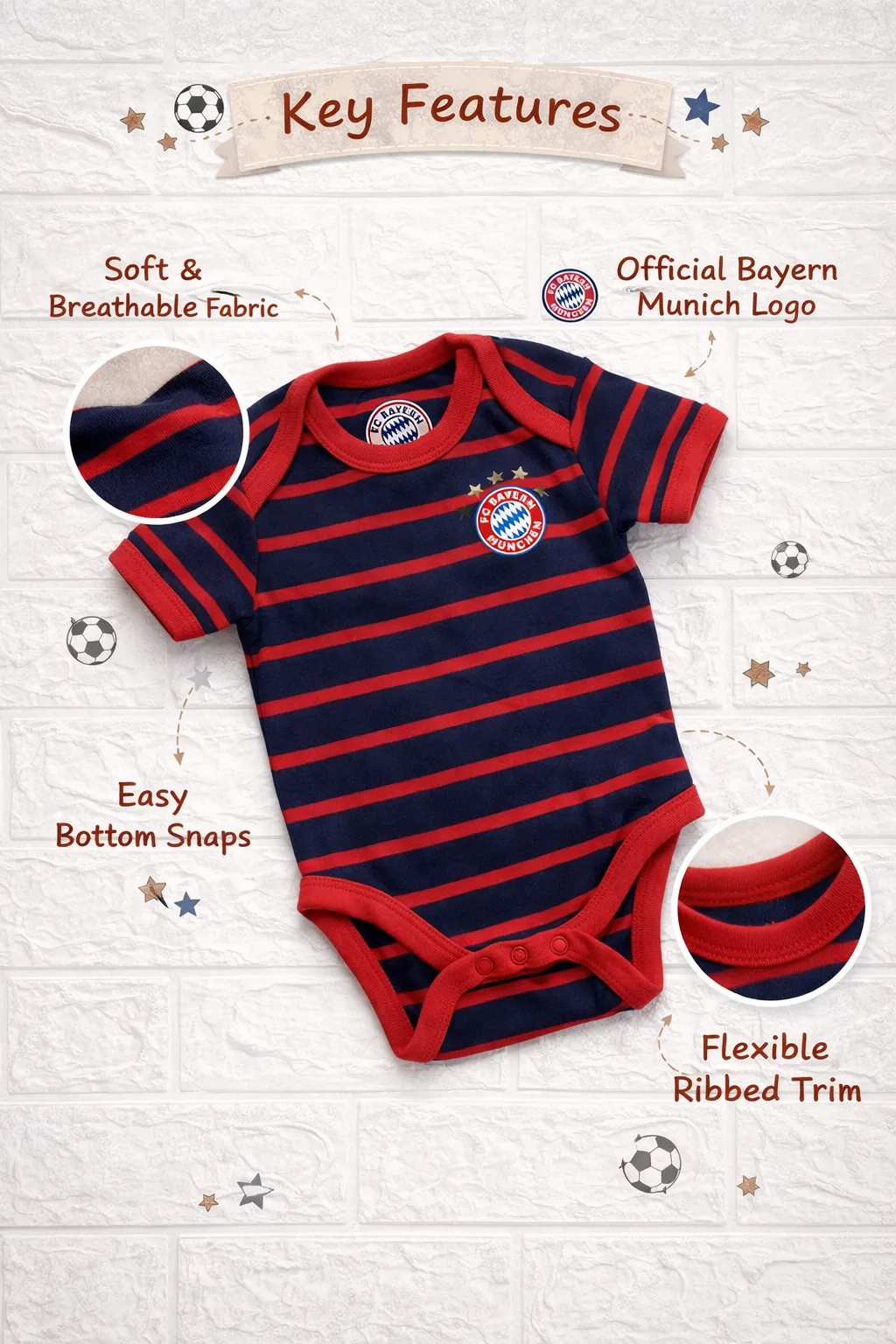 Striped Baby Romper with Snap Closure - Navy Blue & Red - Image 5