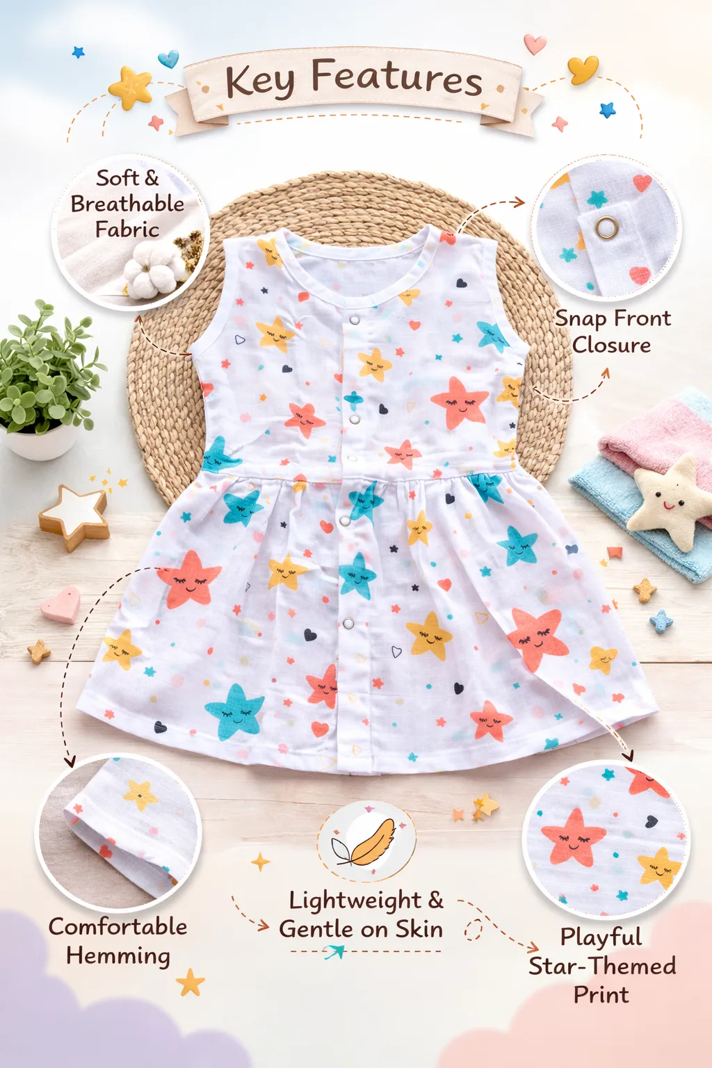 Starry Dreams Baby Sleeveless Muslin Frock "Front Button" - Image 3