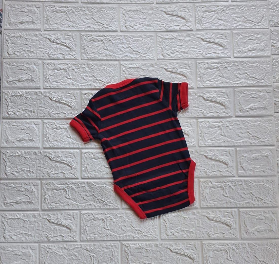 Striped Baby Romper with Snap Closure - Navy Blue & Red - Image 2