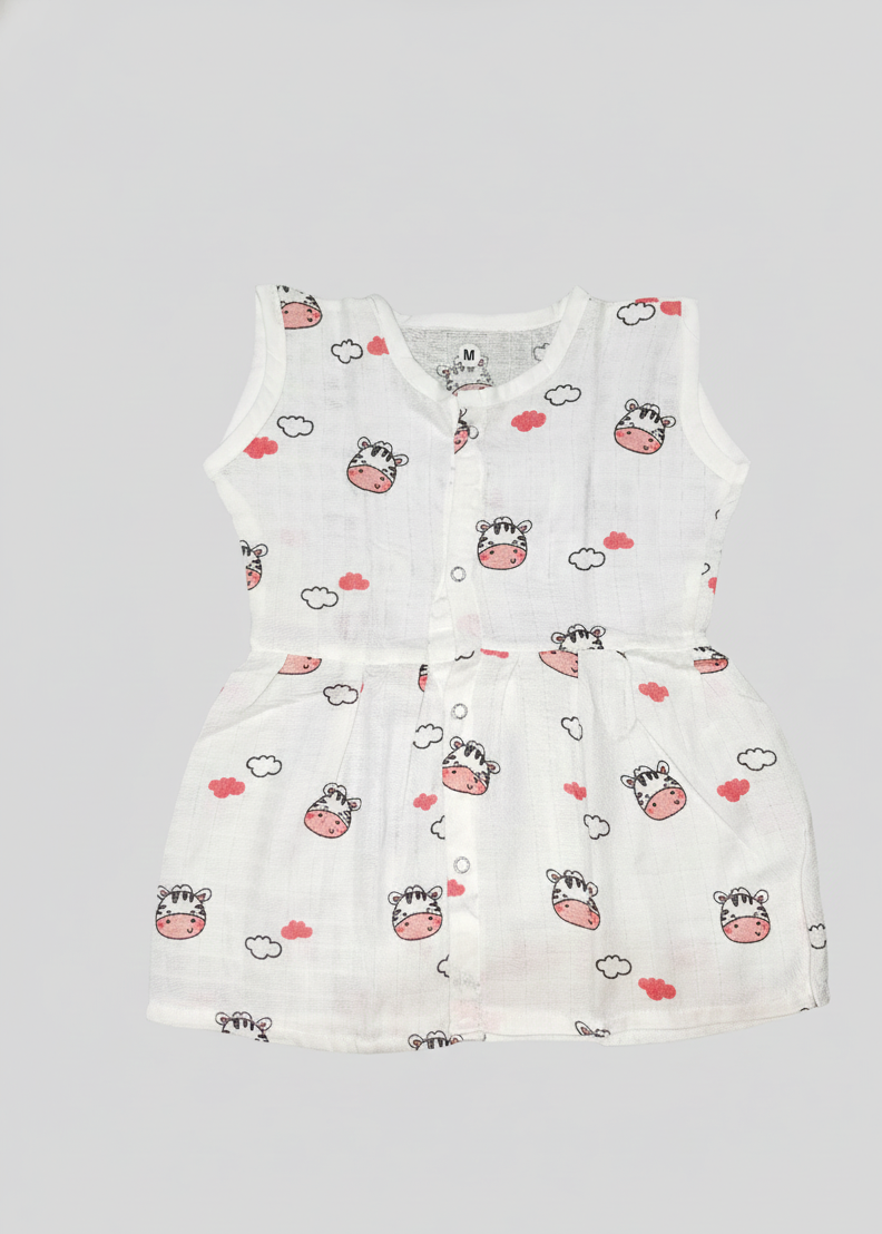 Baby Girls Sleeveless Cotton "Front Button" Frock - Cow & Cloud Print - Image 2