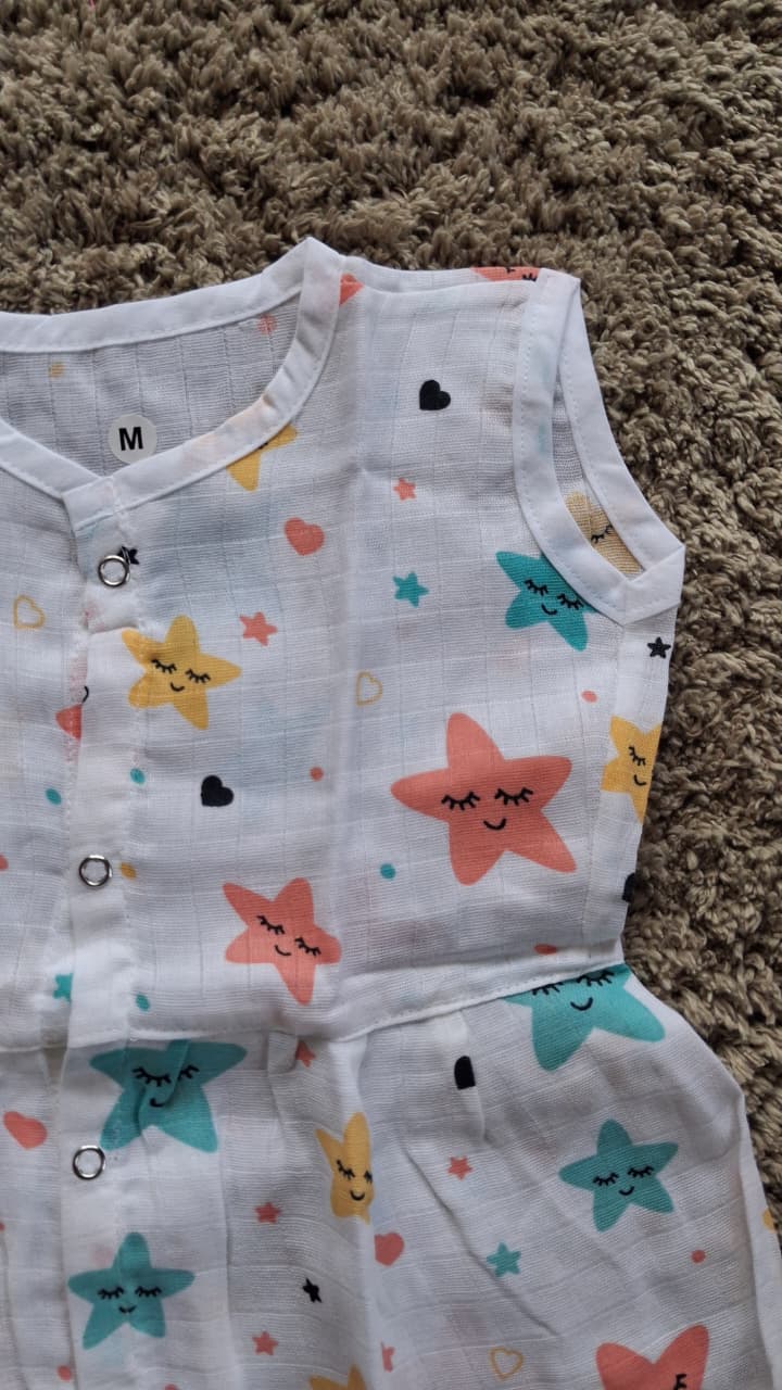 Starry Dreams Baby Sleeveless Muslin Frock "Front Button" - Image 2