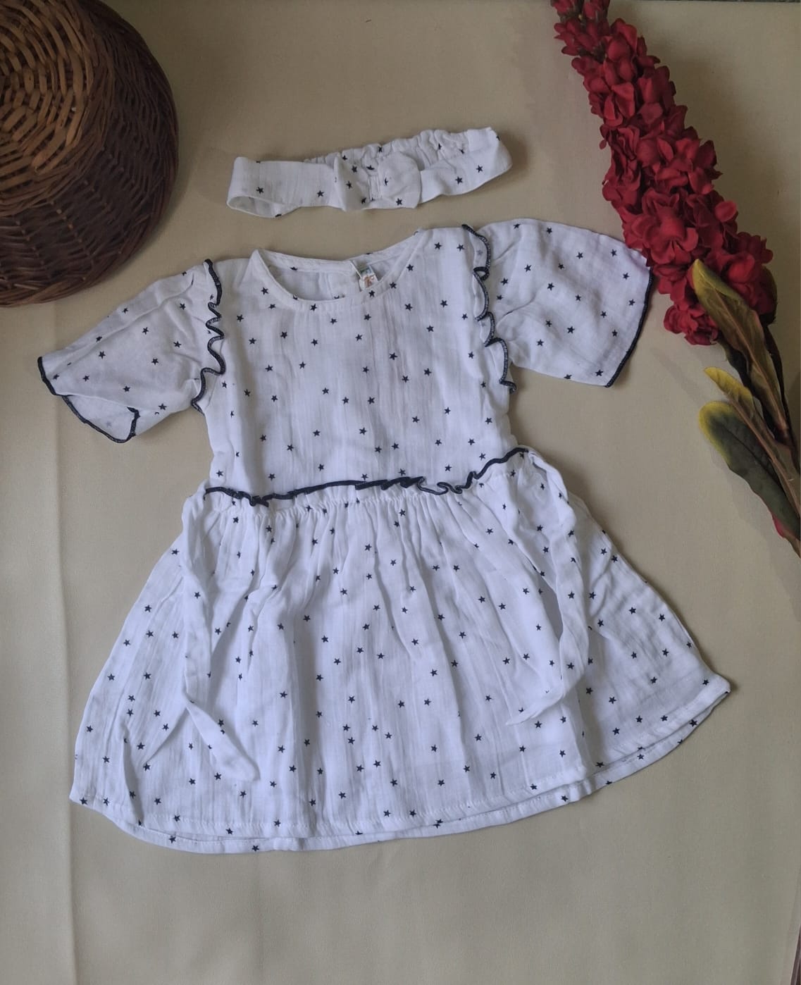 Little Stars Muslin Ruffle Dress & Matching Headband Set