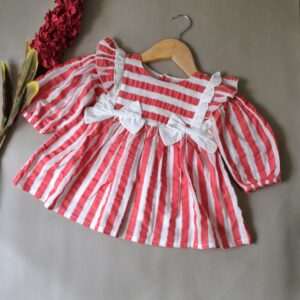 Coral Stripe Bow Detail Baby Dress