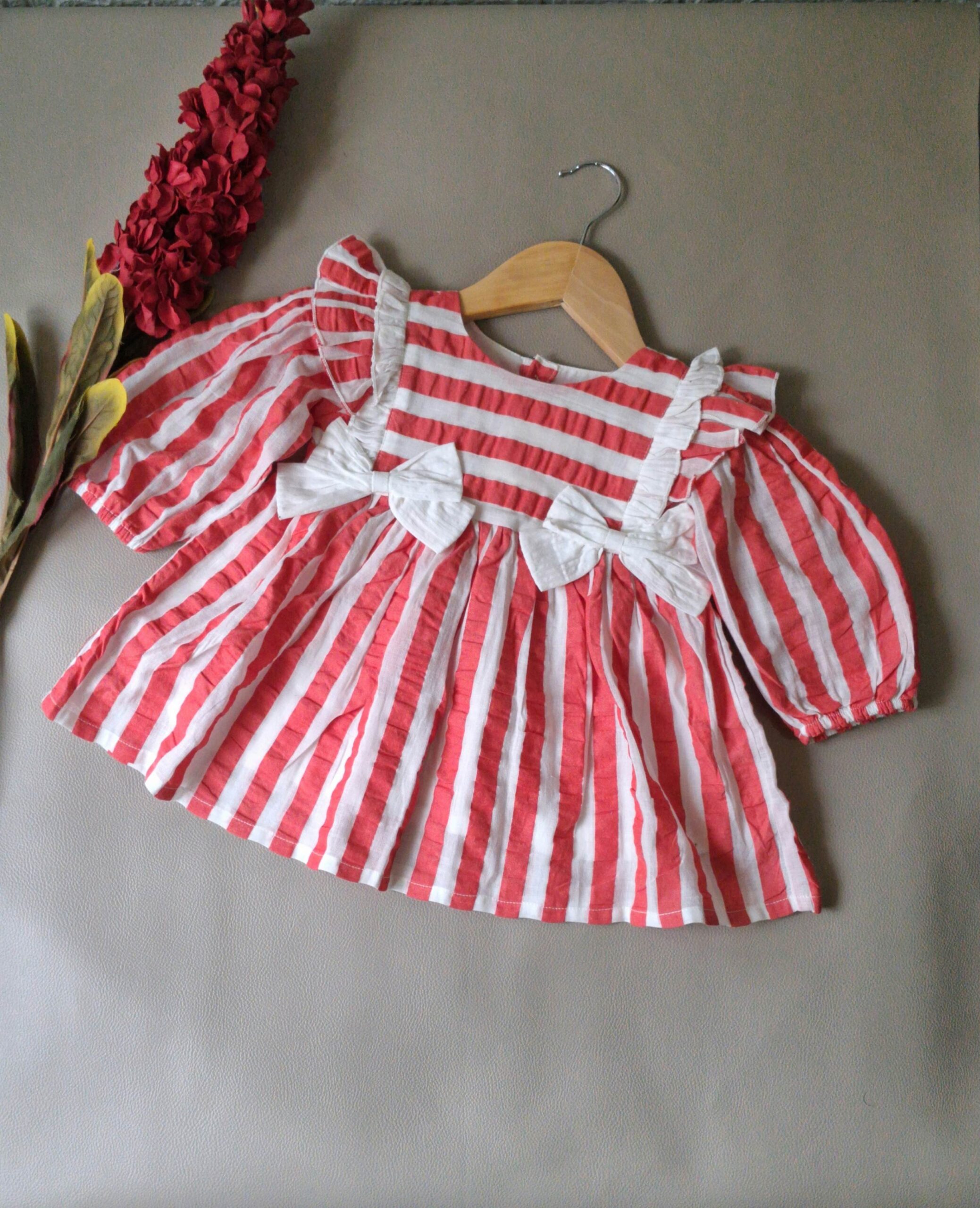Coral Stripe Bow Detail Baby Dress