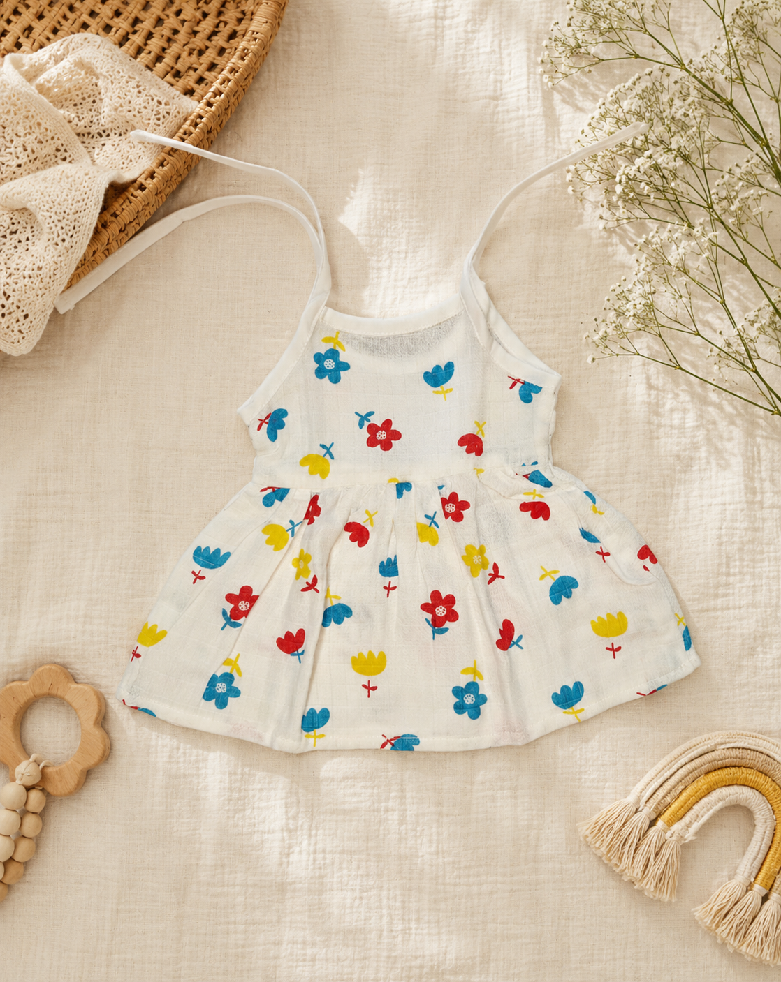 Premium Muslin Tie-up Frock with Red & Blue Floral Print - Image 2